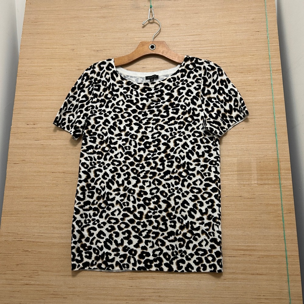 Talbots Womens‎ XS Leopard Print Short Sleeve Knit Sweater Top Black White Tan